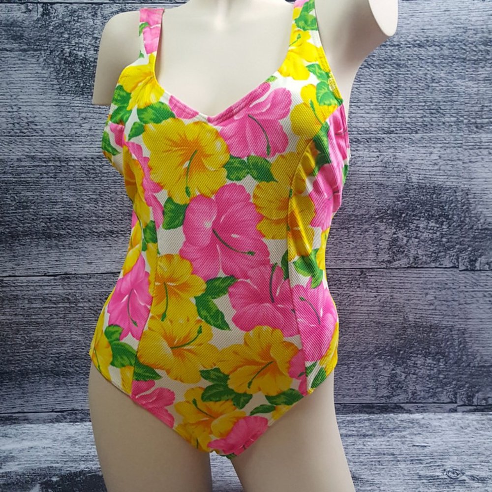 Sea Belle Women's One Piece Swimsuit Hawaiian Hibiscus Pattern Size 14